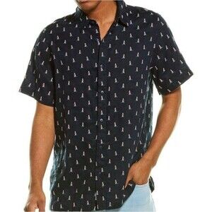 Onia 100% Linen Samuel Embroidered Sailboat Short Sleeve Buttondown Blue Shirt